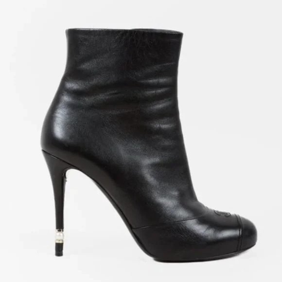Chanel CC Black Leather Pearl Stiletto Booties - Picture 1 of 11